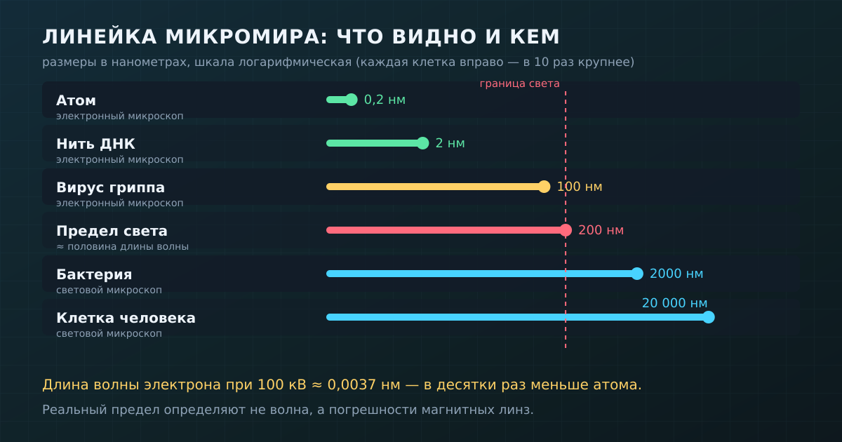 Что видно световым микроскопом, а что только электронным: логарифмическая шкала размеров