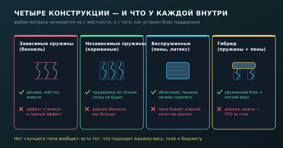 Четыре типа конструкции и что у каждой внутри: у боннеля — эффект гамака и парный эффект, у карманных пружин — поддержка по точкам, у пен — облегание и тишина, у гибрида — компромисс.