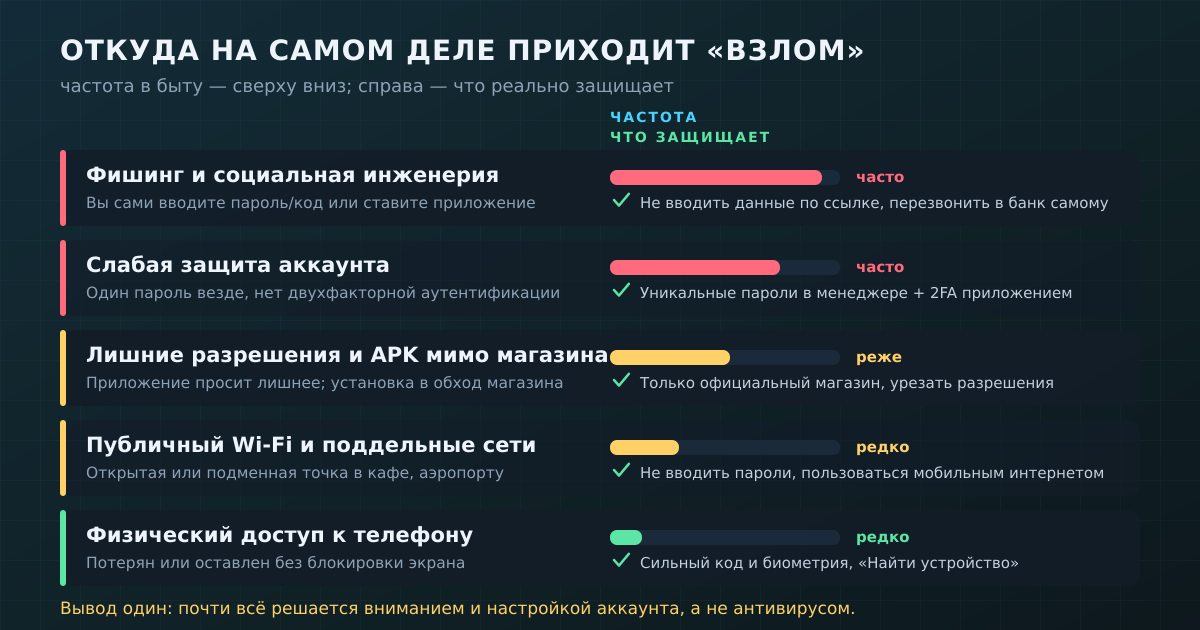 Откуда на самом деле приходит «взлом»: от частых бытовых угроз к редким — и что закрывает каждую