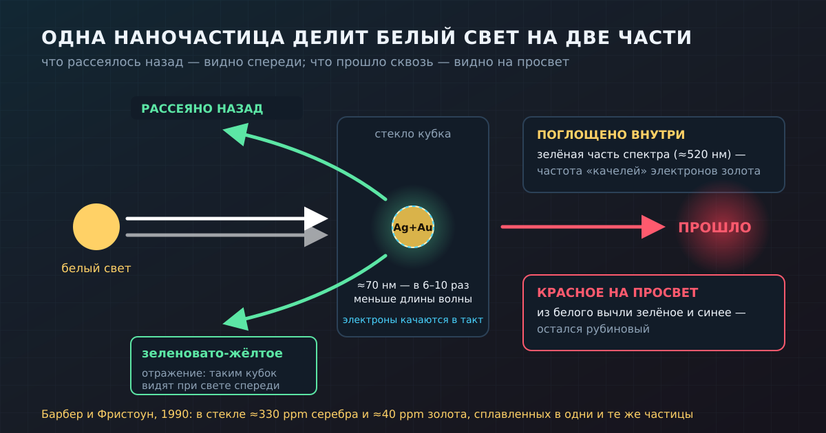 Как одна частица сплава серебра и золота делит белый свет: зелёная часть поглощается и рассеивается назад, красная проходит насквозь