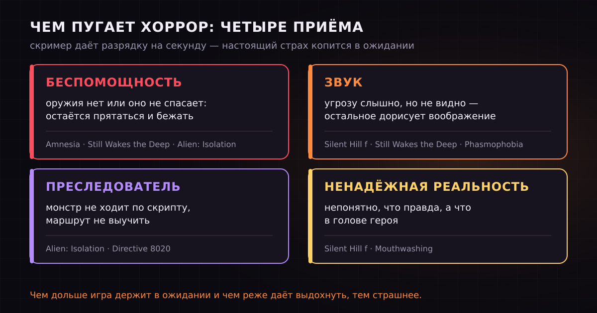 Четыре приёма страха и какие игры подборки ими пользуются. Скример даёт разрядку, а страх копится в ожидании.