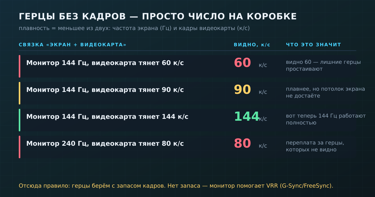 Плавность определяется меньшим из двух чисел: частотой экрана и кадрами видеокарты. Герцы без запаса FPS не работают.