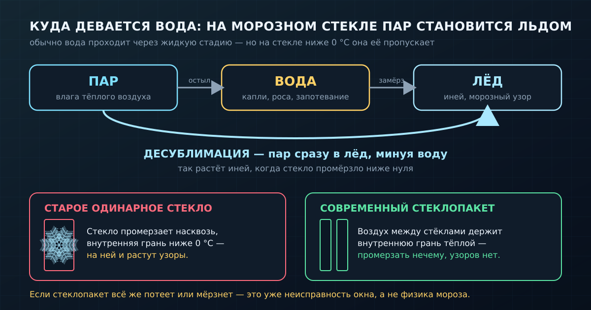 Обычно вода остывает до капель и только потом замерзает. На промёрзшем стекле она пропускает жидкую стадию: пар садится сразу льдом (десублимация). У одинарного стекла внутренняя грань уходит в минус — там и растут узоры; у стеклопакета воздух между стёклами держит внутреннюю грань тёплой.