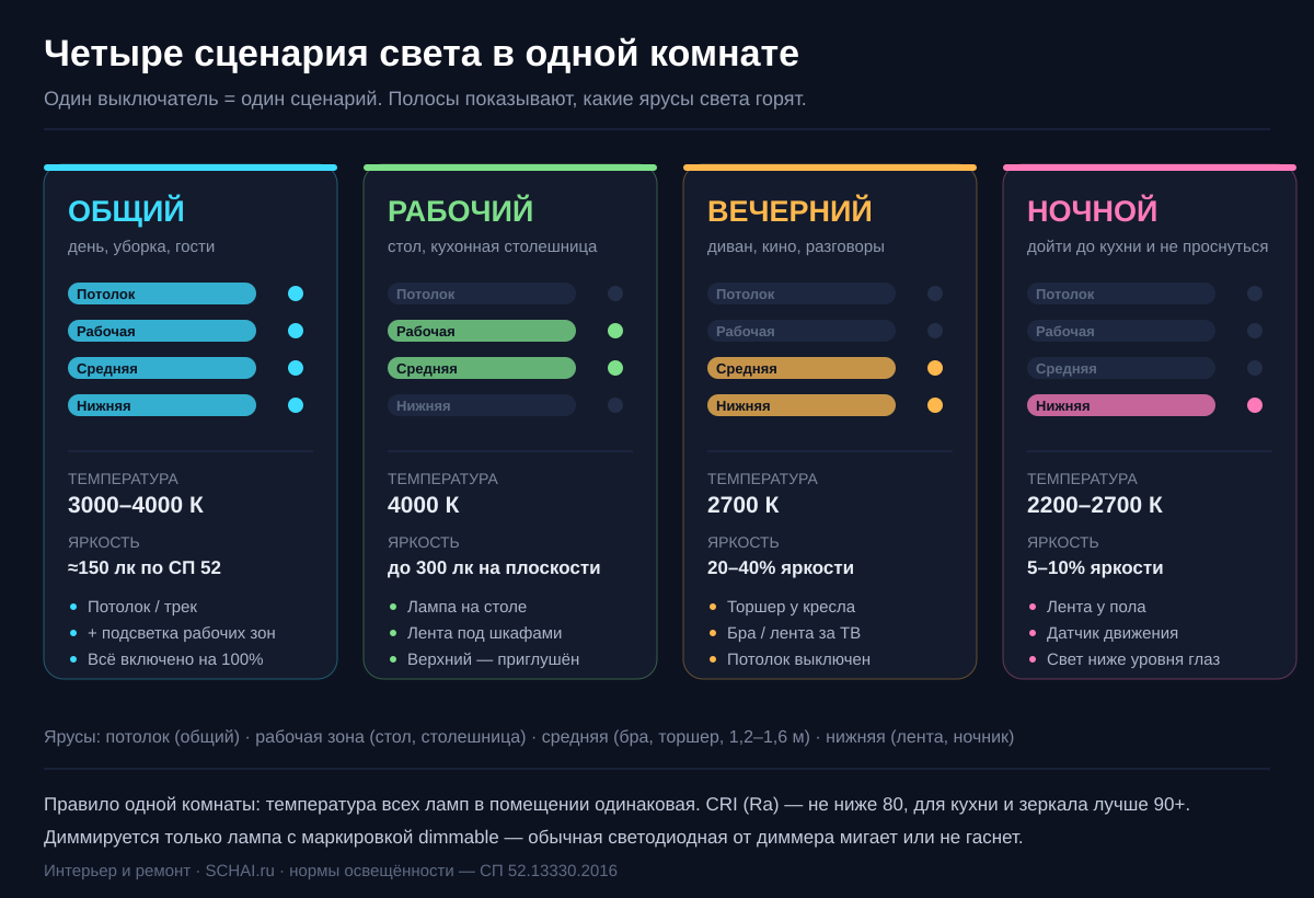 Четыре сценария освещения в комнате: какие ярусы включены, температура и яркость