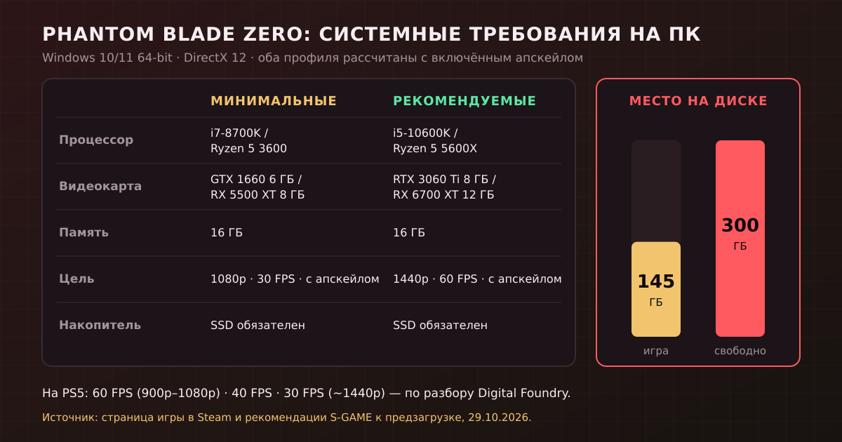 Системные требования Phantom Blade Zero на ПК: оба профиля рассчитаны с включённым апскейлингом, а на время установки нужно около 300 ГБ свободного места на SSD.
