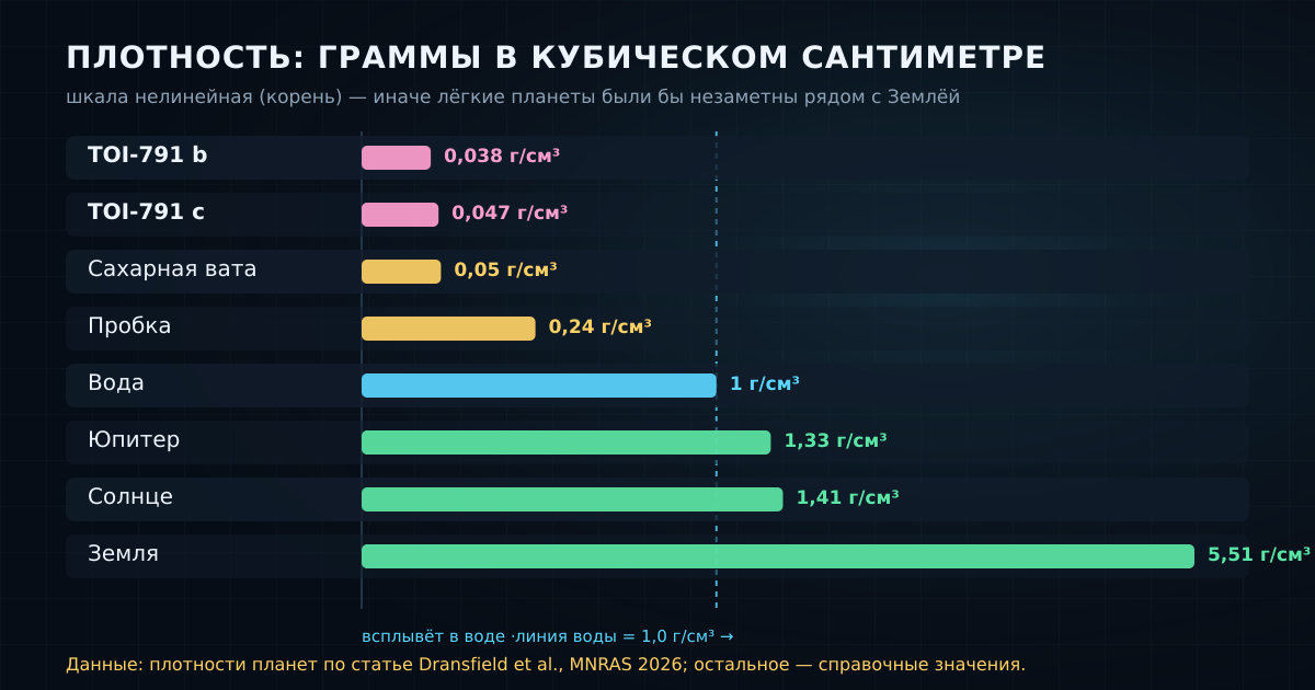 Шкала плотностей: обе планеты TOI-791 легче воды и даже легче сахарной ваты, тогда как Земля, Солнце и Юпитер в воде бы утонули.