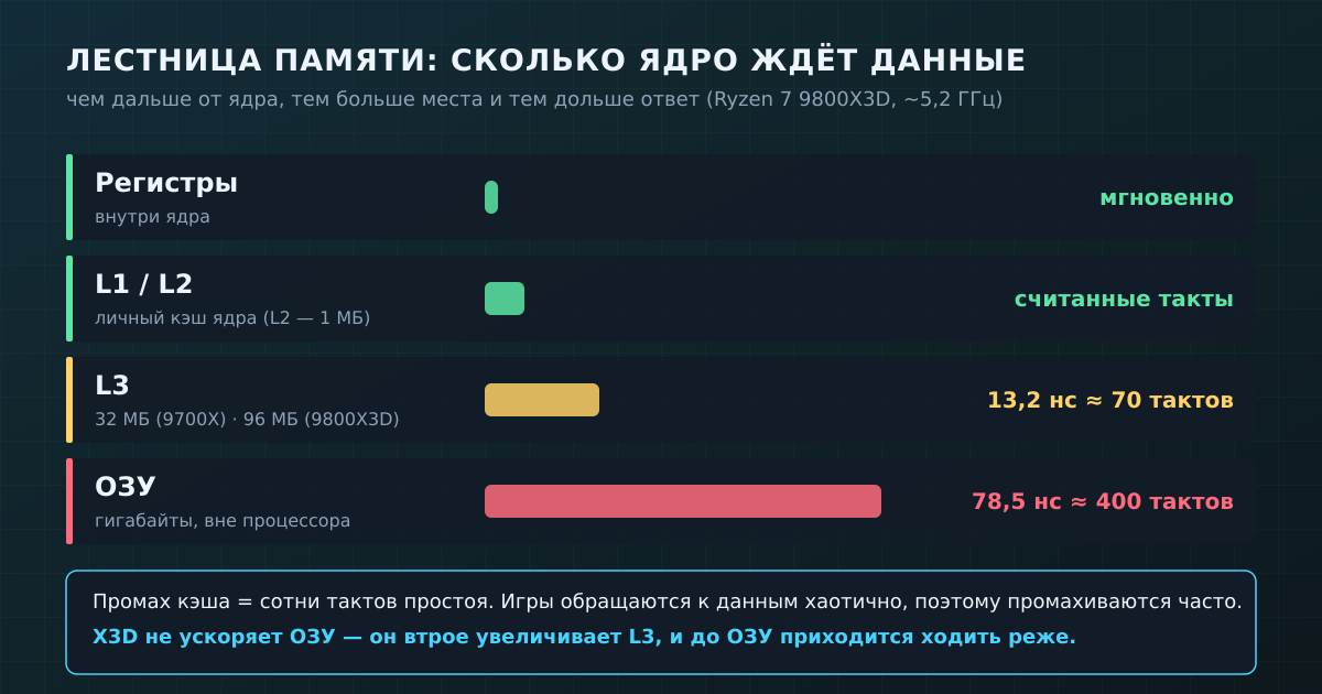 Лестница памяти: чем дальше от ядра, тем больше объём и тем дольше ответ. Задержки L3 и ОЗУ — из замеров Tom's Hardware для Ryzen 7 9800X3D.