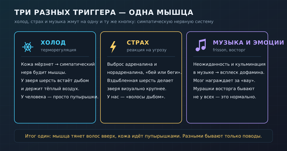 Холод, страх и музыка — три разных повода, но жмут они на одну кнопку: симпатическую нервную систему, которая сокращает мышцу у волоса.