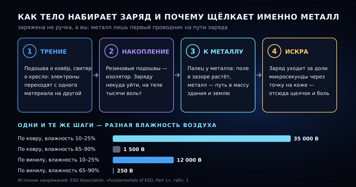 Как тело набирает заряд и почему разряд бывает именно о металл