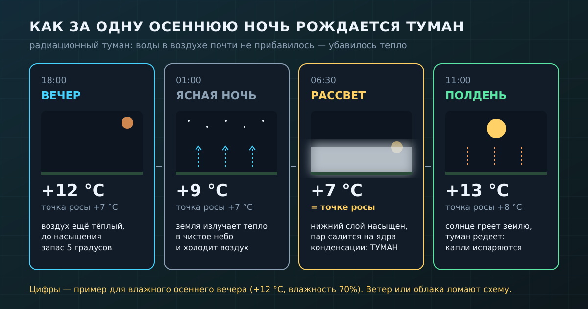 Радиационный туман за одну ночь: воды в воздухе почти не прибавилось, зато ушло тепло