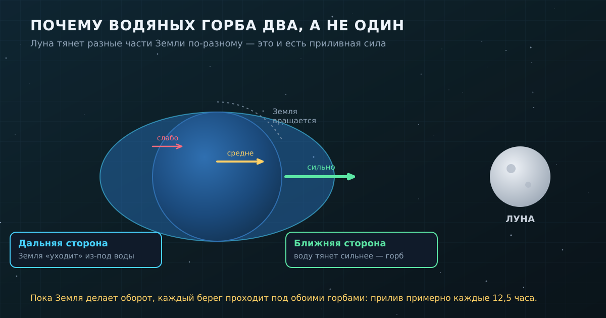 Приливная сила — это разность притяжения Луны по телу Земли: ближнюю сторону тянет сильнее, дальнюю слабее, поэтому водяных горба два.