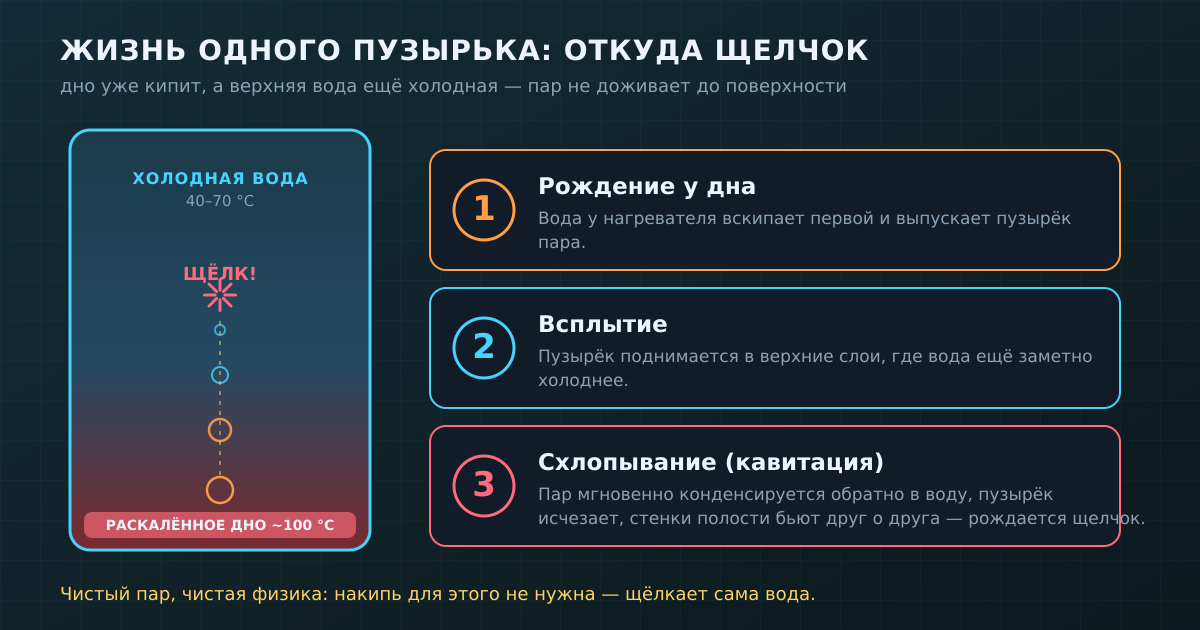 Жизнь одного пузырька: родился у раскалённого дна, всплыл в холодную воду и схлопнулся — вот откуда щелчок. Для этого не нужна ни накипь, ни «камень»: щёлкает сама вода.