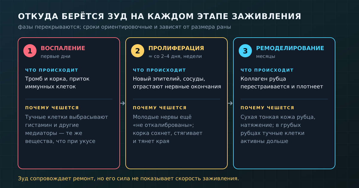 У каждой фазы заживления свой источник зуда: медиаторы воспаления, отрастающие нервы, сухость и натяжение
