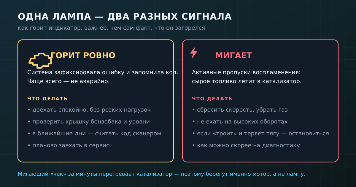 Ровно горящий «чек» обычно терпит до планового визита в сервис. Мигающий требует снизить нагрузку сразу — на кону катализатор.