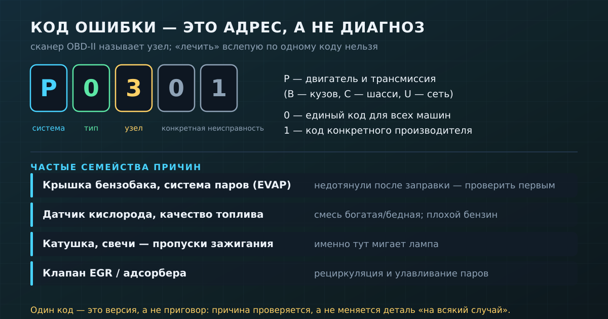 Строение кода OBD-II: буква — система, цифры — тип и узел. Это подсказка, где искать, а не готовый приговор детали.