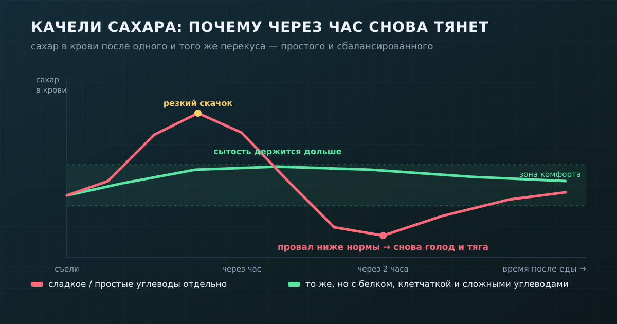 Качели сахара: после простых углеводов пик и провал ниже нормы, а с белком и клетчаткой кривая держится в зоне комфорта