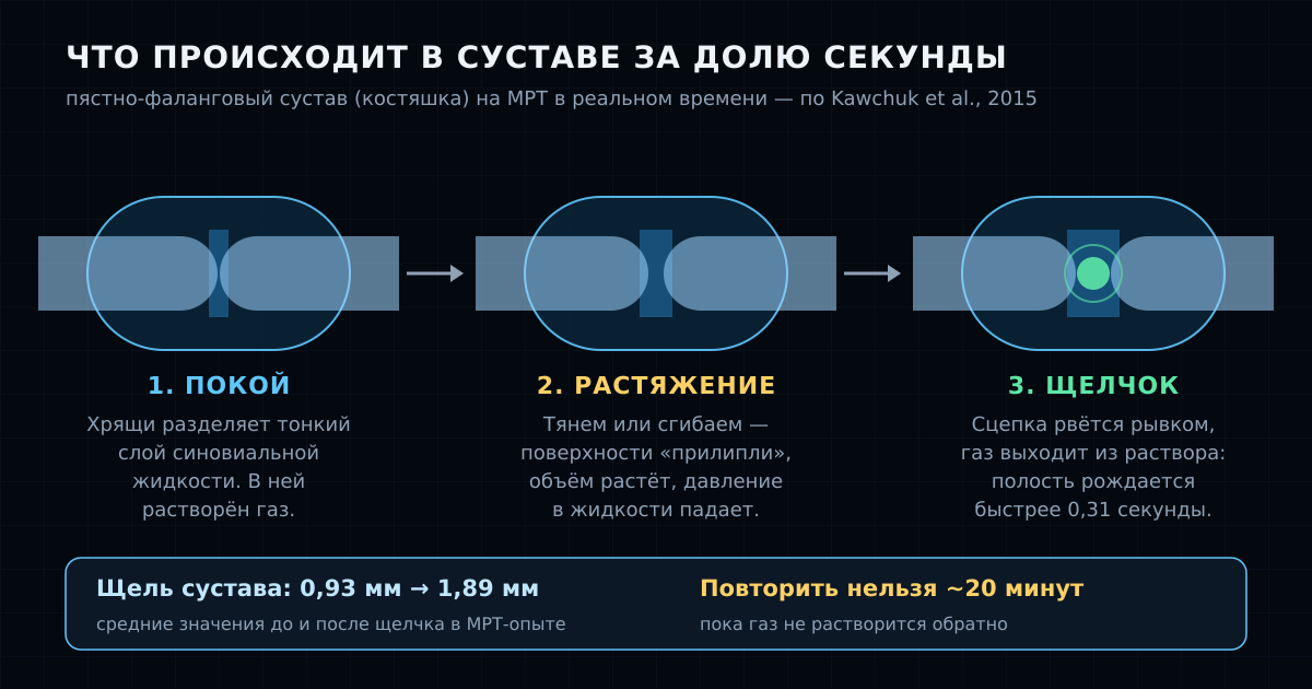 Три шага щелчка: покой, растяжение с падением давления и рождение газовой полости. Данные МРТ-опыта Kawchuk et al., 2015