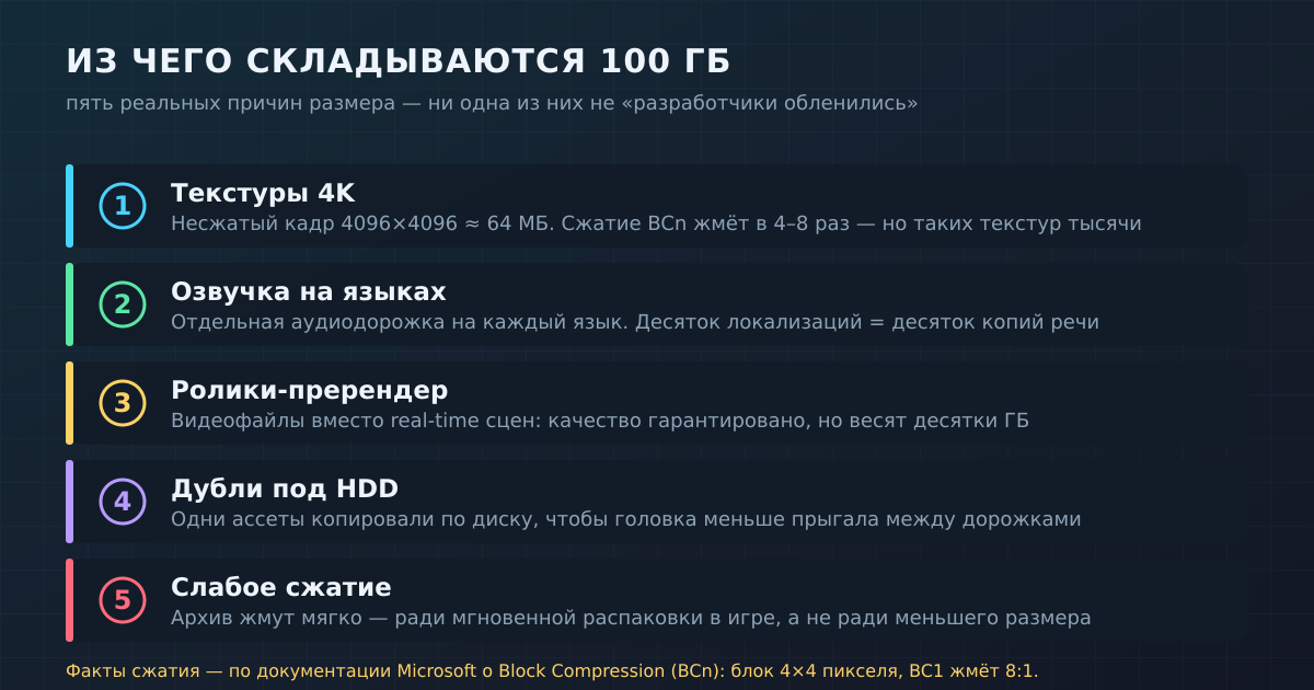 Пять реальных причин размера игры: 4K-текстуры, озвучка на языках, ролики-пререндер, дубли под HDD и мягкое сжатие ради скорости.