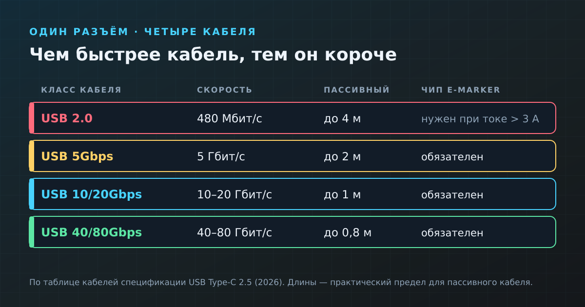 Четыре класса кабелей USB-C: чем выше скорость, тем короче может быть пассивный кабель; чип e-marker обязателен для всех быстрых кабелей