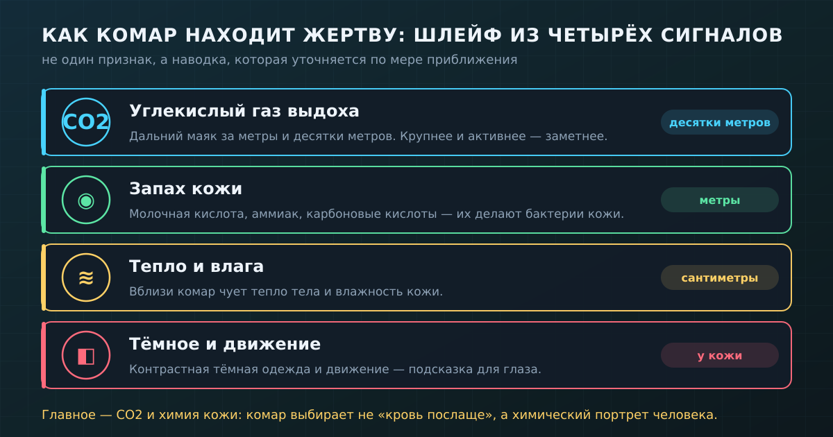 Комар наводится не по одному признаку, а по шлейфу сигналов, который уточняется по мере приближения: сначала CO2, потом запах кожи, затем тепло и влага, у самой кожи — цвет и движение.