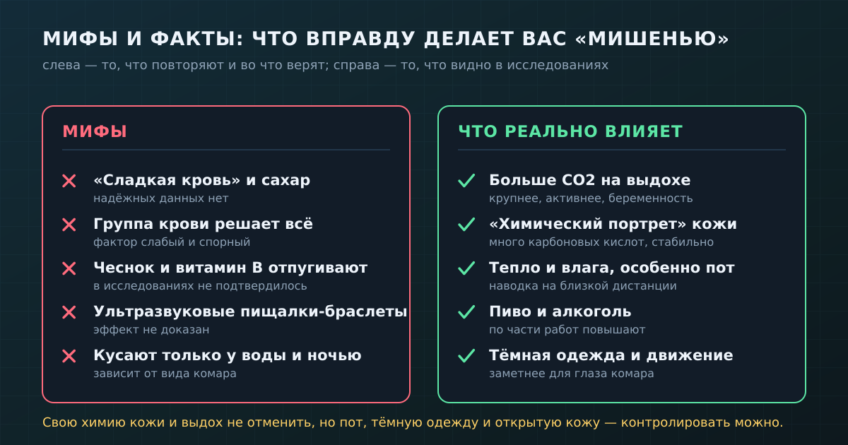 Мифы и факты рядом: слева — то, что повторяют и во что верят, справа — то, что действительно видно в исследованиях о привлекательности для комаров.