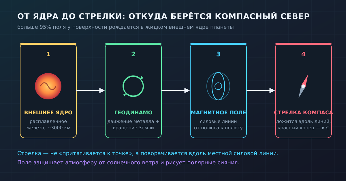 От расплавленного железа во внешнем ядре — до намагниченной стрелки, которая ложится вдоль силовых линий.