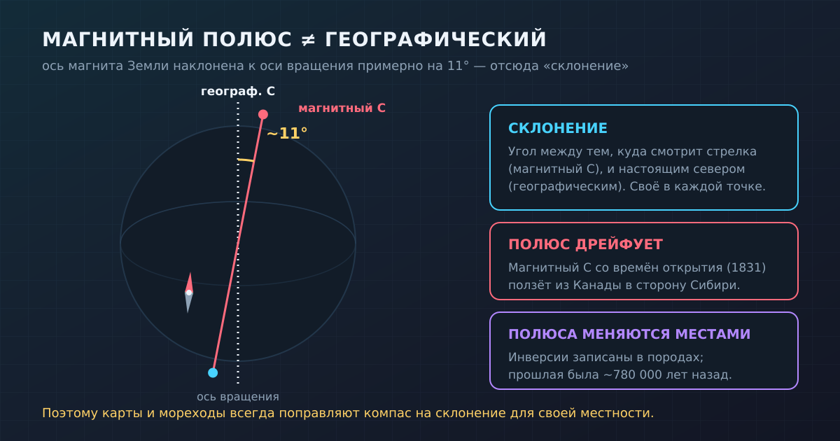 Магнитная ось наклонена к оси вращения примерно на 11° — отсюда склонение; сами полюса ещё и дрейфуют.