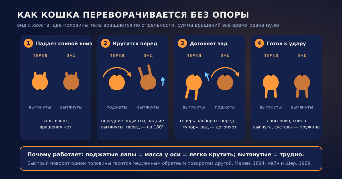 Переворот кошки по фазам: поджать передние, вытянуть задние — поворачивается перед; поменять лапы местами — догоняет зад. Суммарный момент всё время равен нулю