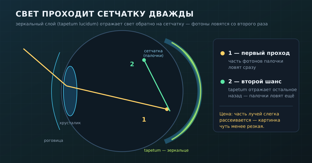 Свет проходит сетчатку дважды: tapetum lucidum отражает проскочившие фотоны обратно, и палочки ловят их со второго раза. Платой становится лёгкое рассеивание — картинка чуть менее резкая.