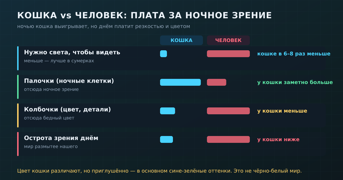 Кошка vs человек: ночью кошке нужно в разы меньше света, зато днём она проигрывает в остроте и в богатстве цвета. Это компромисс, а не превосходство по всем статьям.