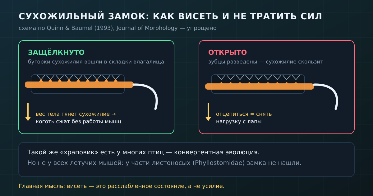 Сухожильный замок пальца летучей мыши: под весом тела бугорки сухожилия входят в складки влагалища, и коготь держится сам