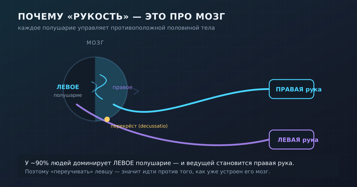 Двигательные пути идут накрест: левое полушарие управляет правой рукой, правое — левой. Поэтому рукость — это про то, как настроен мозг, а не про саму руку.