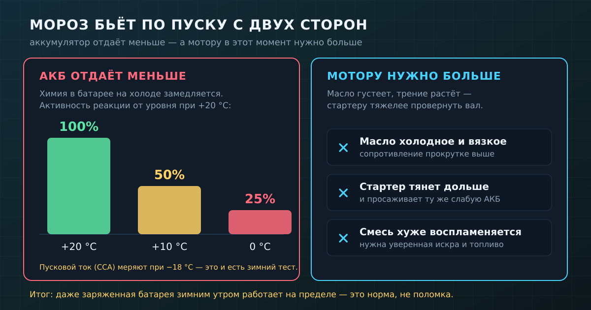 Мороз работает против пуска сразу с двух сторон: батарея отдаёт меньше тока, а мотору в этот момент нужно больше.