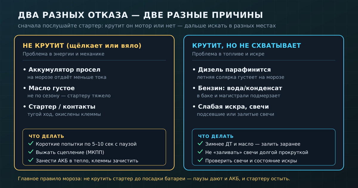 Два разных отказа — две разные причины. Сначала послушайте стартер, а потом ищите: «не крутит» и «не схватывает» лечат по-разному.