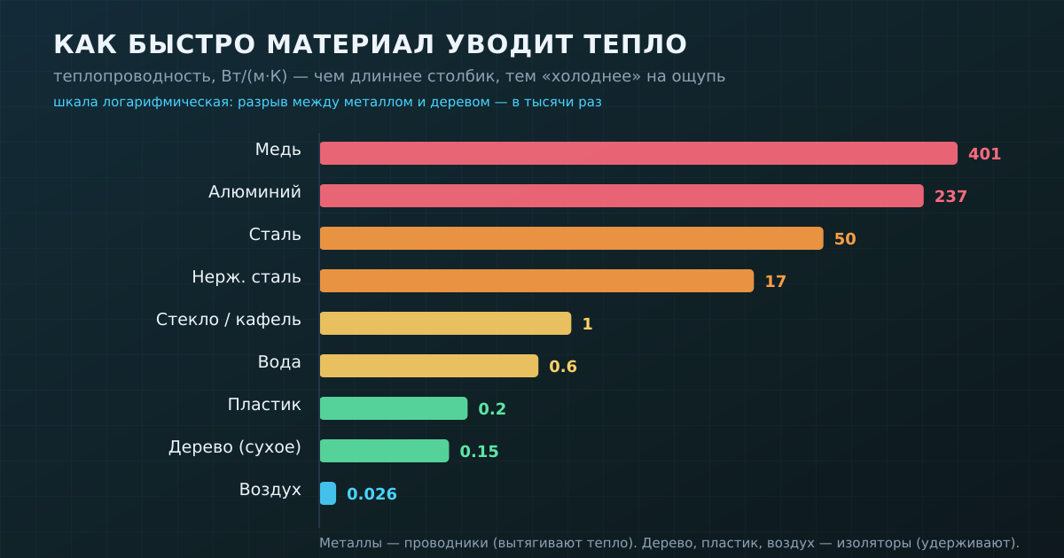 Теплопроводность материалов на логарифмической шкале: между металлом и деревом — разрыв в тысячи раз. Чем «быстрее» материал, тем холоднее он на ощупь.