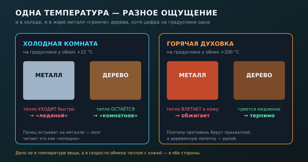 Одна температура — разное ощущение, и в холоде, и в жаре. Металл «громче» дерева в обе стороны, потому что быстрее обменивается теплом с кожей.