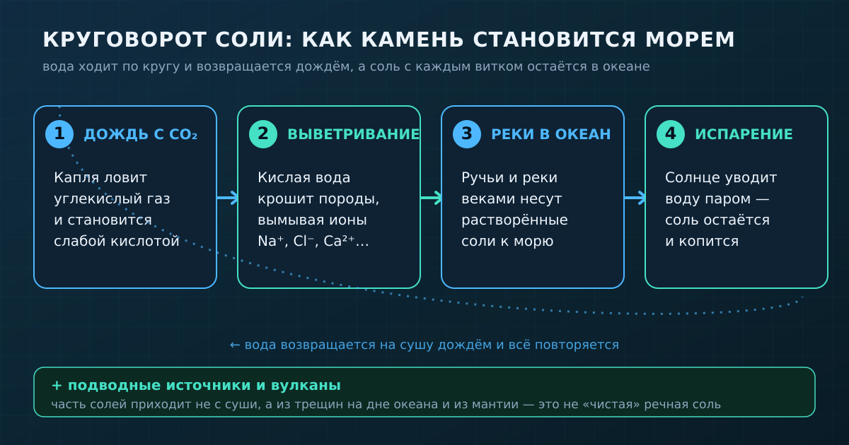 Круговорот соли: дождь с CO₂ крошит породы, реки несут ионы в океан, вода испаряется и возвращается дождём — а соль остаётся. Часть солей приходит ещё и со дна.