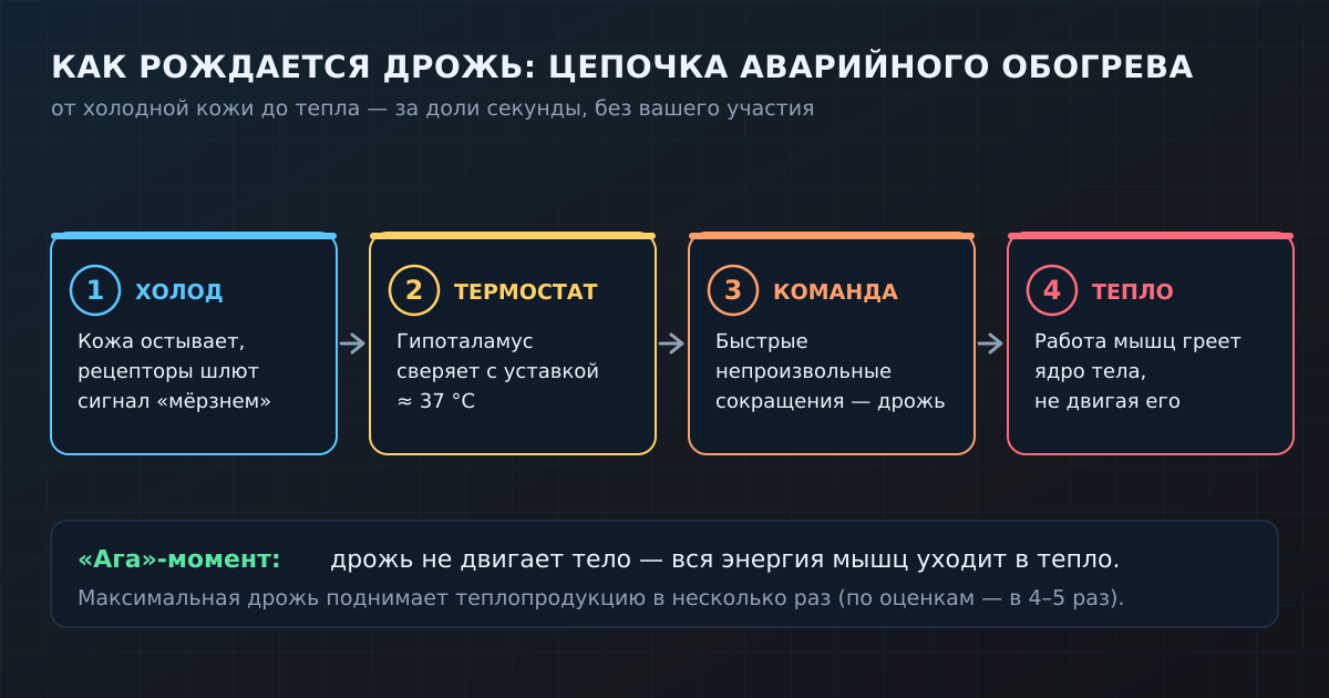 Цепочка аварийного обогрева: от холодной кожи — к команде мозга и теплу от дрожащих мышц.