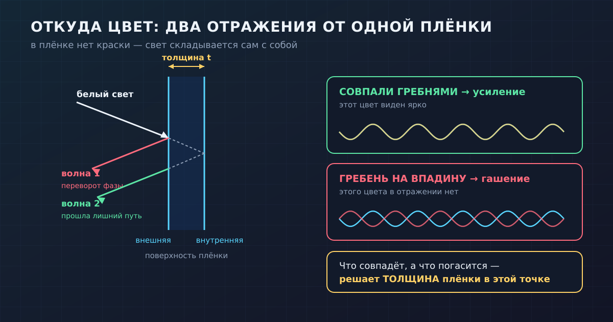 Две волны от одного луча: одна отражается от внешней поверхности плёнки, другая — от внутренней, пройдя лишний путь. Совпали гребнями — цвет яркий, разошлись — гаснут. Что с чем совпадёт, решает толщина.