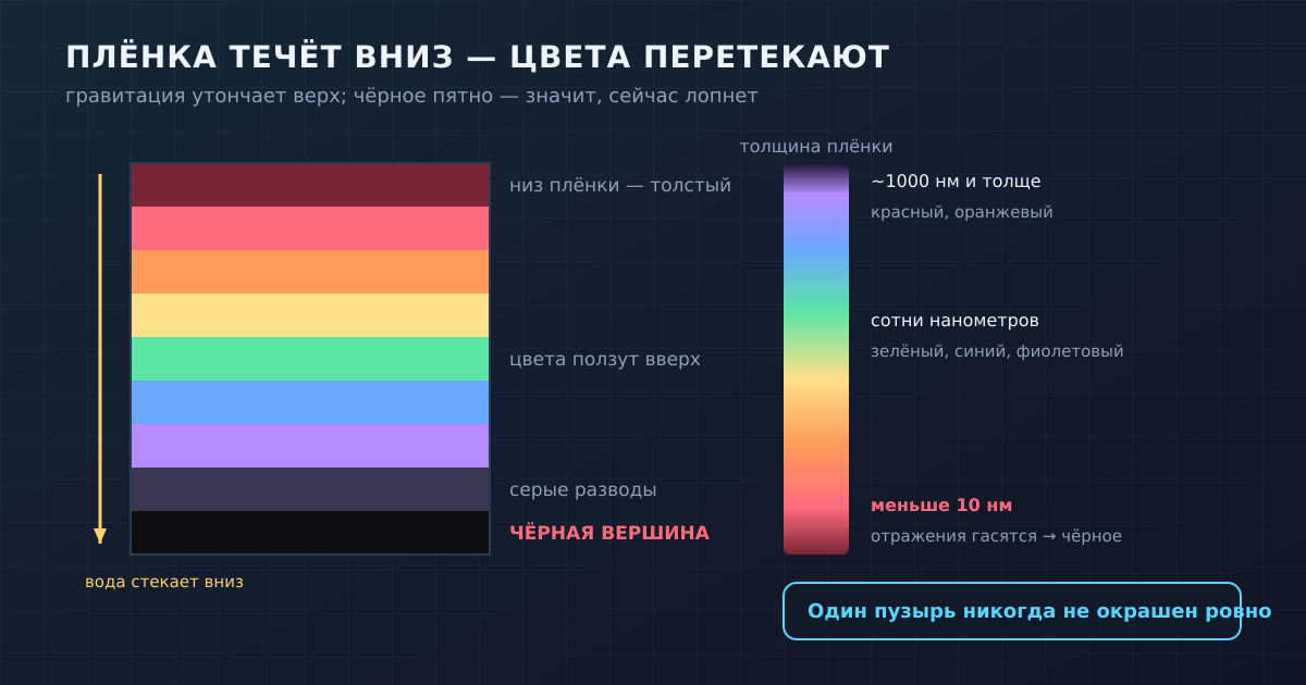 Гравитация утончает верх плёнки, утолщает низ — поэтому цвета складываются в ползущие вверх полосы. Толще внизу — тёплые тона, тоньше — холодные, а на самой макушке плёнка становится тоньше 10 нм и чернеет перед разрывом.