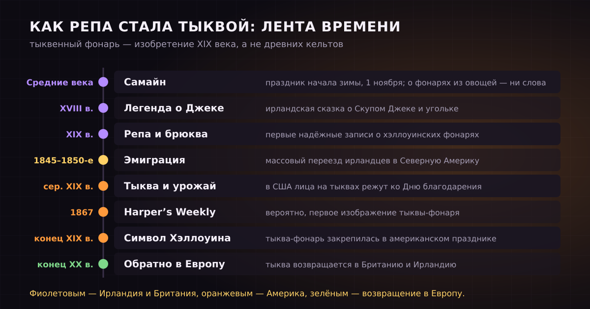 Ленты времени: от праздника Самайн до тыквы-фонаря. Фонари из овощей надёжно документированы только с XIX века, а тыквенные появились в Америке