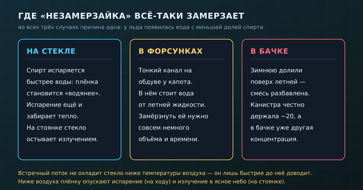 Где незамерзайка замерзает на практике и почему: везде у льда оказывается раствор с меньшей долей спирта