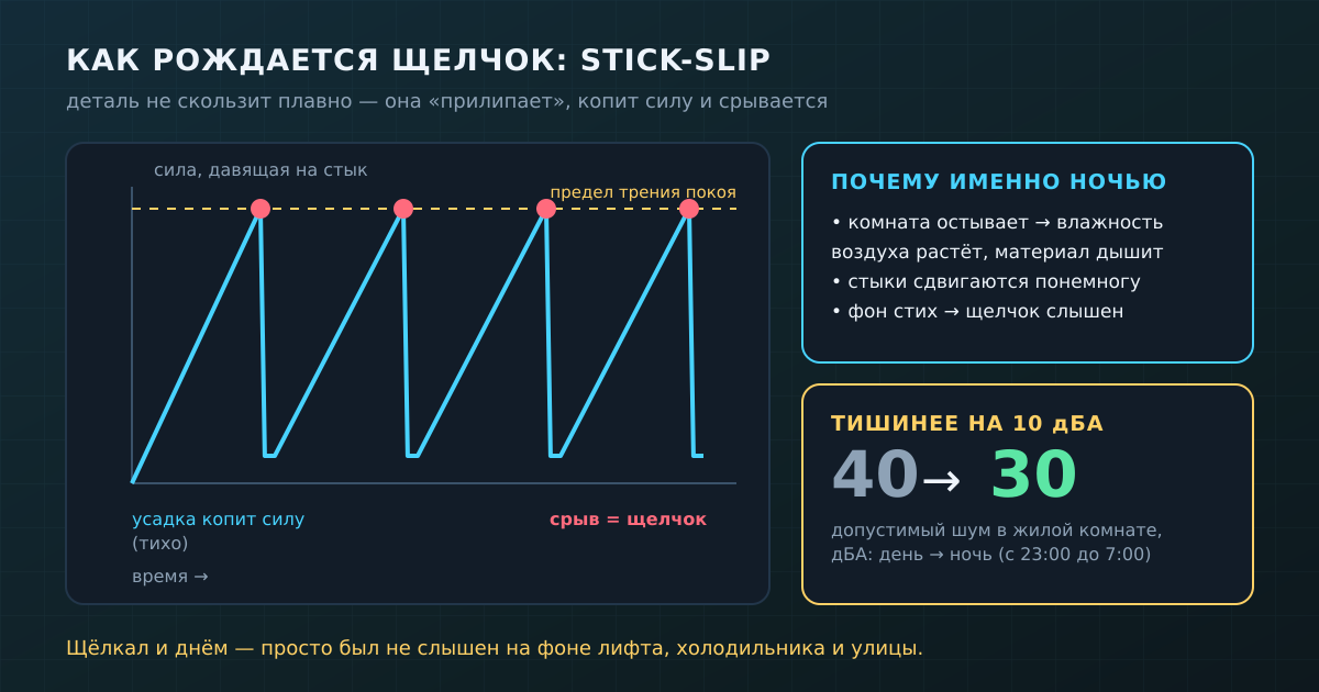Stick-slip: напряжение растёт тихо и снимается рывком; ночью щелчок слышнее