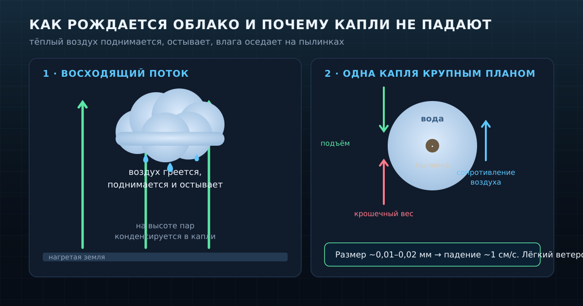 Как рождается облако: тёплый воздух поднимается и остывает, влага оседает на пылинках, а крошечный вес капли уравновешен сопротивлением воздуха и восходящим потоком.
