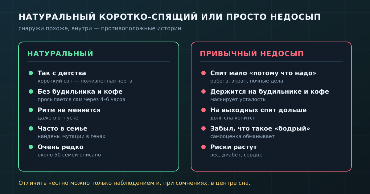 Слева — признаки естественного коротко-спящего, справа — типичные признаки привычного недосыпа.