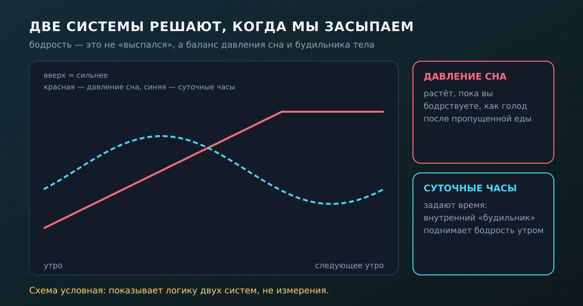 Условная схема: давление сна растёт с бодрствованием, циркадные часы то поднимают, то опускают бодрость.