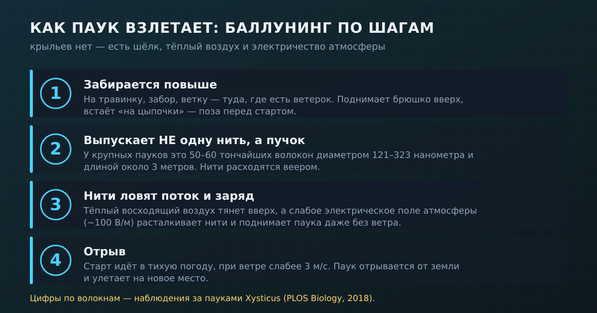 Баллунинг по шагам: паук встаёт «на цыпочки», выпускает веер из десятков нановолокон и отрывается от земли в тихую погоду.