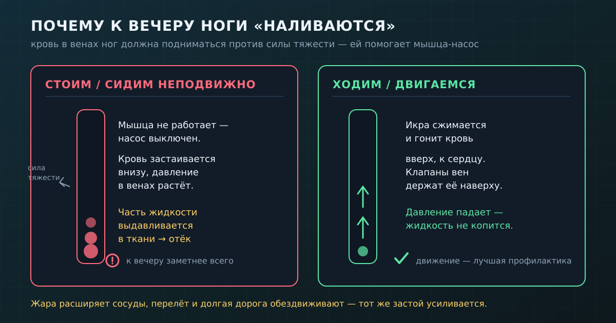 Механизм вечернего отёка: без движения мышца-насос выключен и кровь застаивается внизу; при ходьбе икра гонит кровь вверх, давление падает.