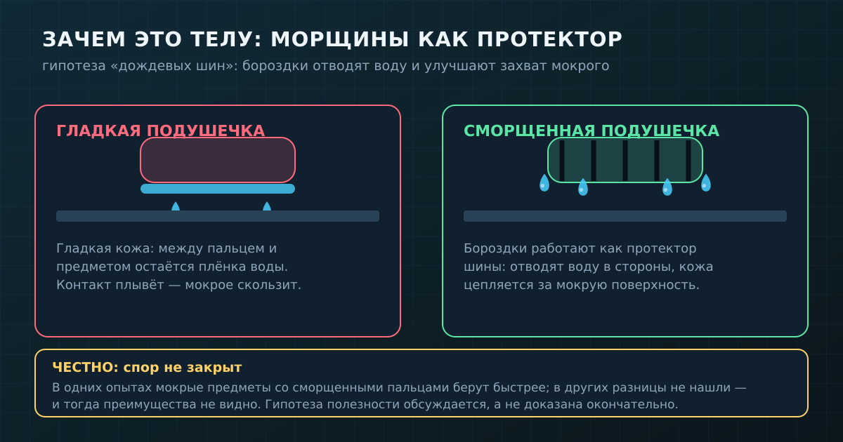 Гипотеза «дождевых шин»: на гладкой подушечке остаётся плёнка воды и предмет скользит, а бороздки сморщенной кожи отводят воду и улучшают захват. Польза подтверждается не во всех опытах.