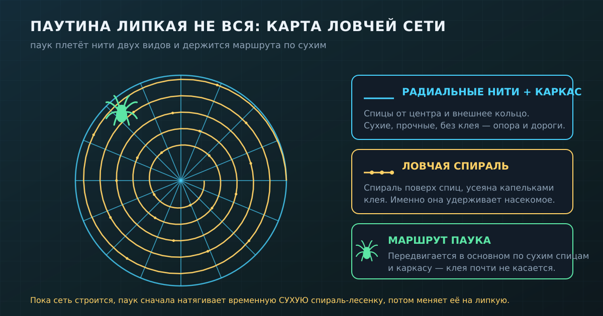 Карта ловчей сети: радиальные спицы и каркас — сухие, ловчая спираль — липкая. Паук держится сухих нитей.
